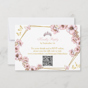 Tarjeta De Confirmación De Asistencia Mariposa Quinceañera Tiara Dorada Rosa
