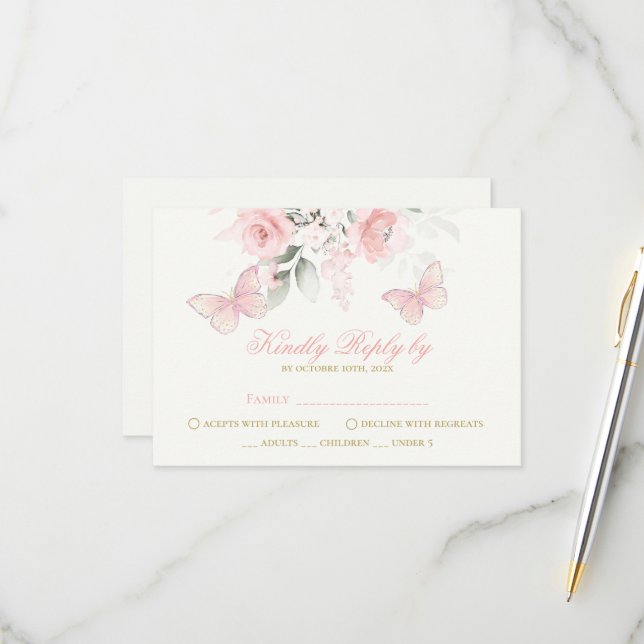 Tarjeta De Confirmación De Asistencia Mariposa rosa Quinceañera (Anverso/Reverso In Situ)