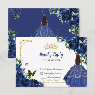 Tarjeta De Confirmación De Asistencia Mariposas azules reales Princesa Oro Quinceañera