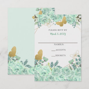Tarjeta De Confirmación De Asistencia Mariposas florales elegantes de menta dorada