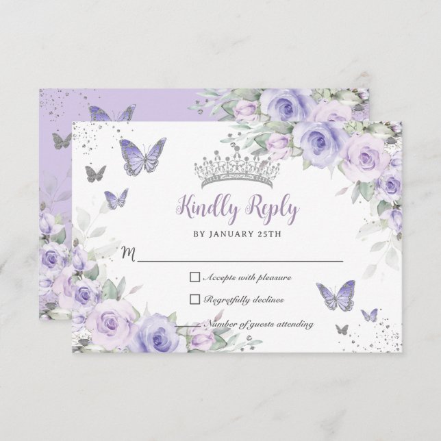 Tarjeta De Confirmación De Asistencia Mariposas Florales Púrpura Lavender Quinceañera (Anverso / Reverso)