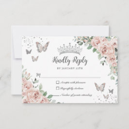 Tarjeta De Confirmación De Asistencia Mariposas Florales Rosa Dusty Plata Quinceañera