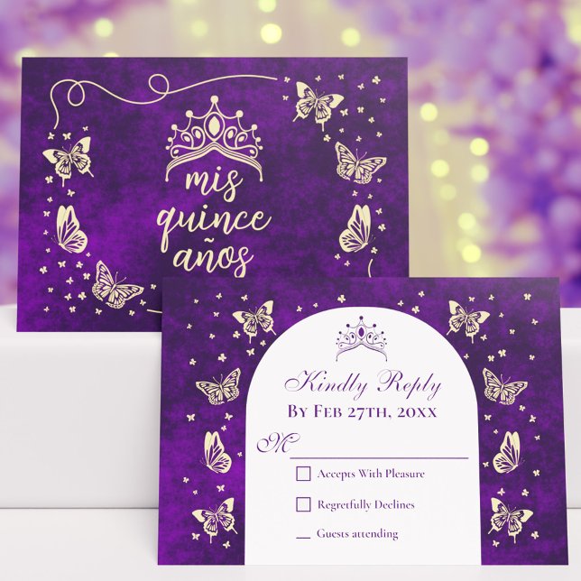 Tarjeta De Confirmación De Asistencia Mariposas modernas de oro púrpura tiara Quinceañer (Modern Purple Gold Tiara Butterflies Quinceañera RSVP Card)