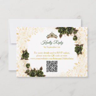 Tarjeta De Confirmación De Asistencia Mariposas Quinceañera Tiara Dorada Verde Esmeralda