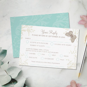Tarjeta De Confirmación De Asistencia Mariposas remolino floral aqua crema marrón boda
