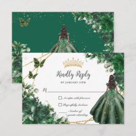 Tarjeta De Confirmación De Asistencia Mariposas verdes esmeraldas Princesa Quinceañera