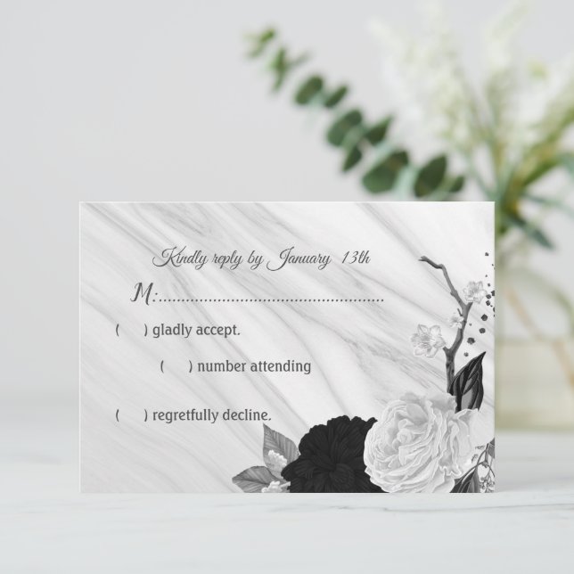 Tarjeta De Confirmación De Asistencia mármol de flores blancas y traseras (Anverso de pie)