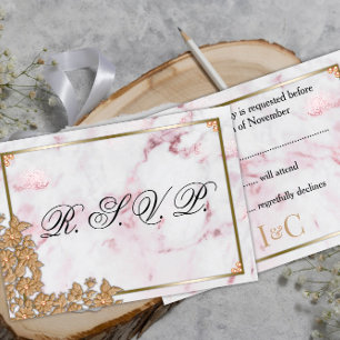 Tarjeta De Confirmación De Asistencia Mármol rosa y Boda de Perlas doradas