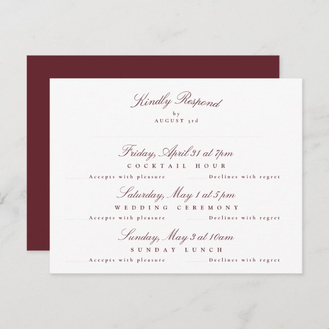 Tarjeta De Confirmación De Asistencia Maroon Burgundy Elegant Calligraphy multievento (Anverso / Reverso)