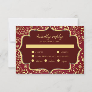 Tarjeta De Confirmación De Asistencia Maroon Gold Paisley estilo Bollywood Boda indio