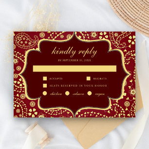 Tarjeta De Confirmación De Asistencia Maroon Gold Paisley estilo Bollywood Boda indio