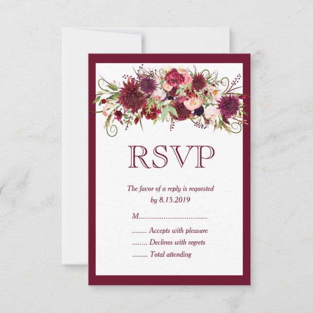 Tarjeta De Confirmación De Asistencia Marsala Red Burgundy Floral Boho Wedding Tarjeta R (Anverso)