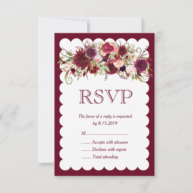 Tarjeta De Confirmación De Asistencia Marsala Red Burgundy Floral Boho Wedding Tarjeta R (Anverso)