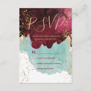 Tarjeta De Confirmación De Asistencia Marsala Red Verde azulado Watercolor Gold Splash R