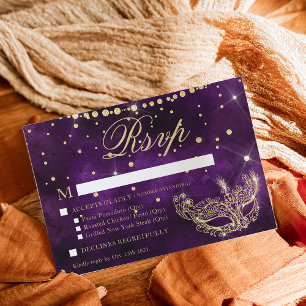 Tarjeta De Confirmación De Asistencia Máscara de máscara elegante púrpura dorado brillo 