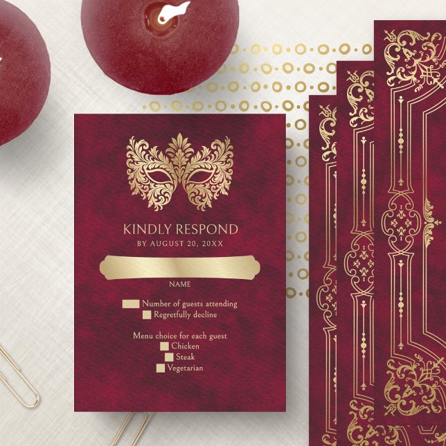 Tarjeta De Confirmación De Asistencia Máscara de Mascarada Roja Elegante Quinceanera (Subido por el creador)