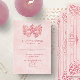 Tarjeta De Confirmación De Asistencia Máscara De Mascarada Rosa Elegante Quinceanera