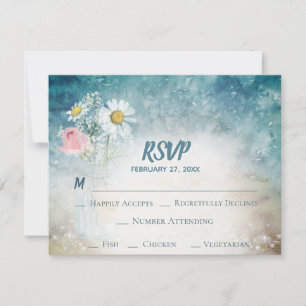 Tarjeta De Confirmación De Asistencia *~* Mason Jar Boda de acuarela floral rugosa