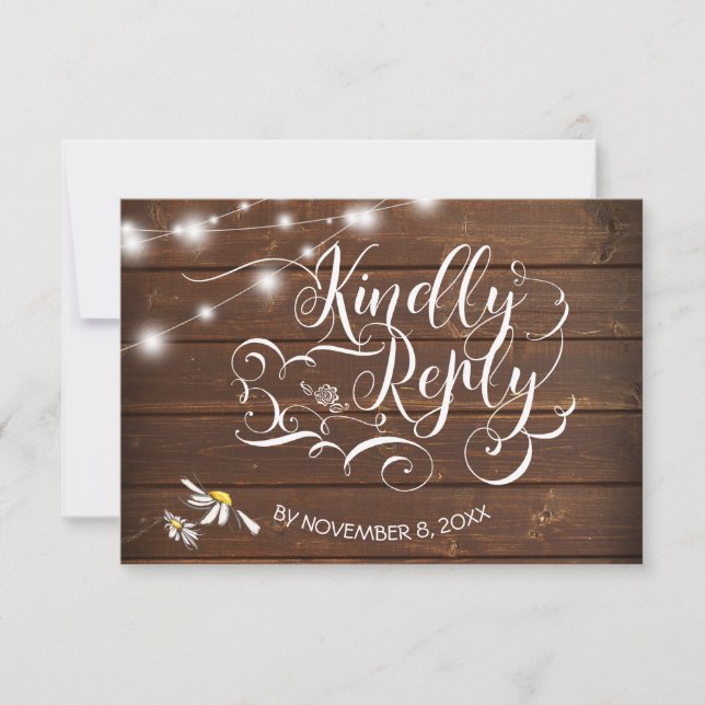 Tarjeta De Confirmación De Asistencia Mason Jar Daisies Rustic Barn Wood descalzoBride™ (Anverso)