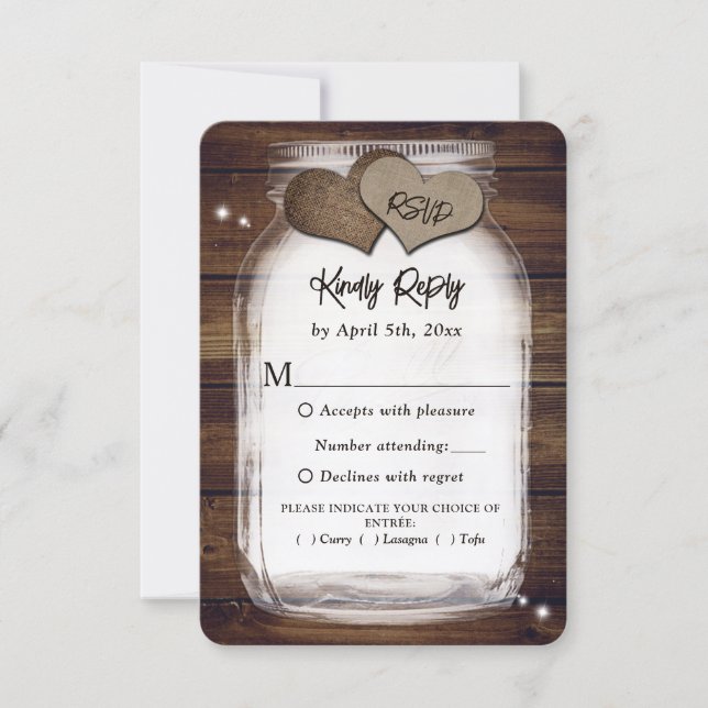 Tarjeta De Confirmación De Asistencia Mason Jar Rustic Country Barn Wood Boda Meal (Anverso)