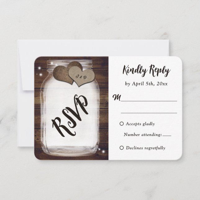 Tarjeta De Confirmación De Asistencia Mason Jar Rustic Country Wood Burlap Boda (Anverso)