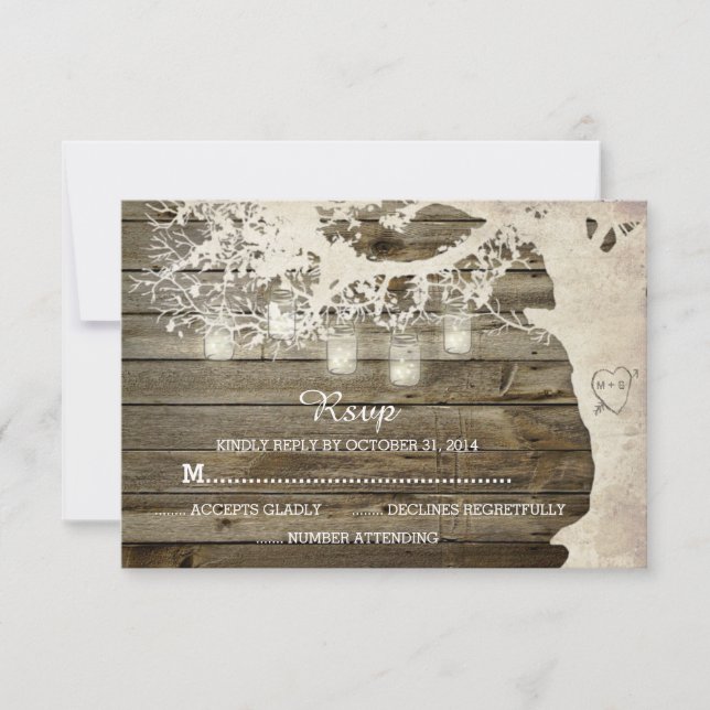 Tarjeta De Confirmación De Asistencia Mason Jar String ilumina el árbol Rústico de la ma (Anverso)