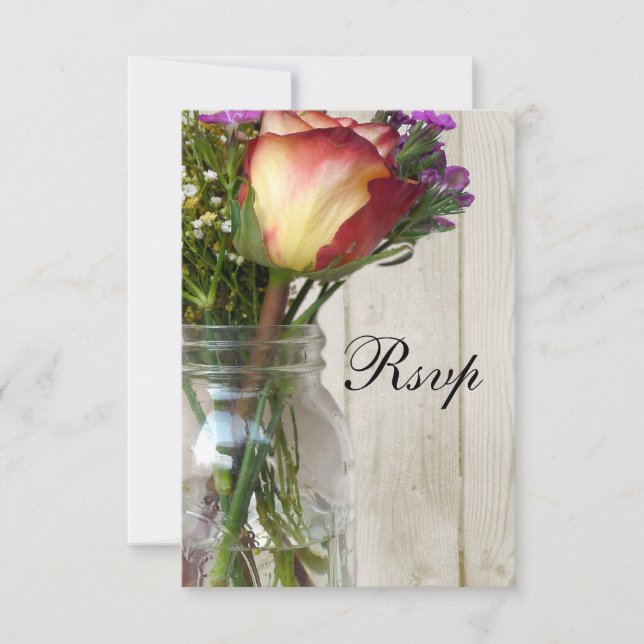 Tarjeta De Confirmación De Asistencia Mason Jar w/Rosa y Wildflowers (Anverso)