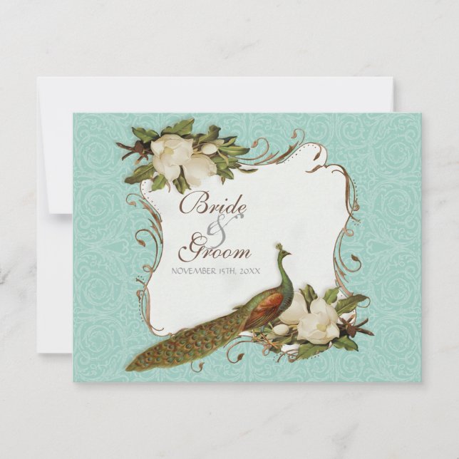Tarjeta De Confirmación De Asistencia Matrimonio de Damasco con Floral de Peacock Magnol (Anverso)