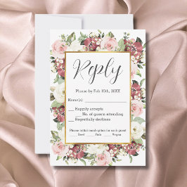 Tarjeta De Confirmación De Asistencia Mauve Pink Green Florines Gold Frame Watercolor