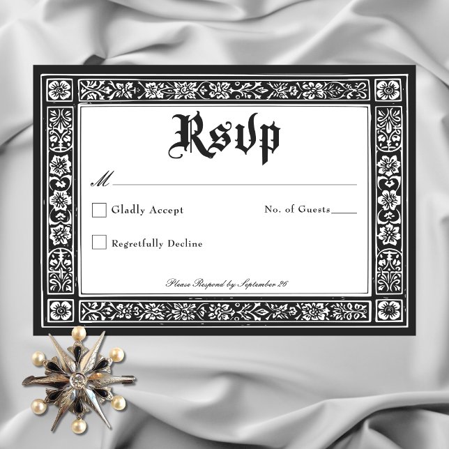 Tarjeta De Confirmación De Asistencia Medieval gótico blanco negro hasta Boda de muerte (Gothic Black White Medieval Until Death Wedding RSVP)