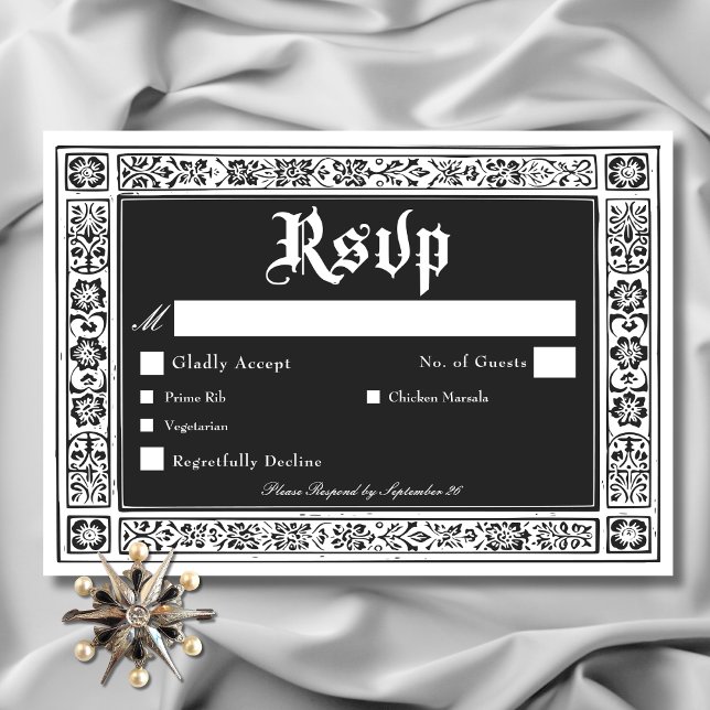 Tarjeta De Confirmación De Asistencia Medieval gótico blanco negro hasta Boda de muerte (Gothic Black White Medieval Until Death Wedding Save The Date)