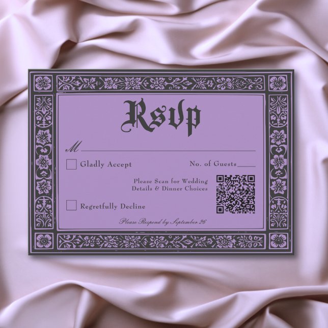 Tarjeta De Confirmación De Asistencia Medieval gótico negro morado hasta Boda de muerte (Gothic Black Purple Medieval Until Death Wedding RSVP Card)