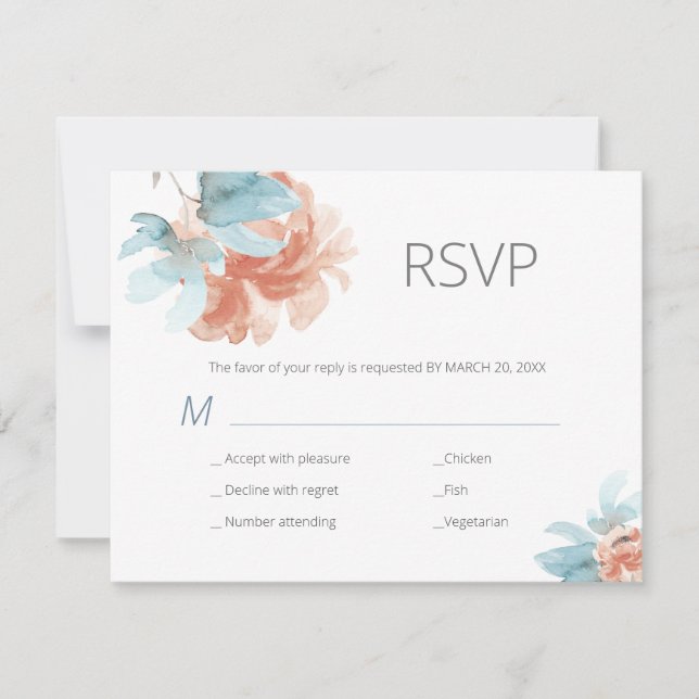 Tarjeta De Confirmación De Asistencia Melocotón de primavera y boda floral azul moderno (Anverso)