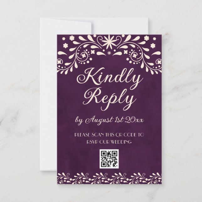 Tarjeta De Confirmación De Asistencia Mexican Purple Talavera Wedding QR code (Anverso)