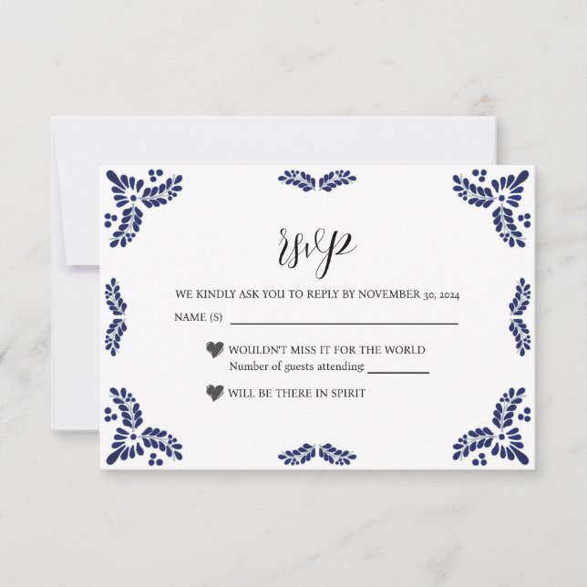 Tarjeta De Confirmación De Asistencia Mexican Talavera Black Floral Minimalist Wedding (Anverso)