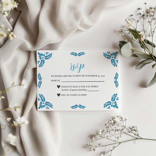 Tarjeta De Confirmación De Asistencia Mexican Talavera Turquoise Minimalist Wedding (Mexican Talavera Turquoise Minimalist Wedding RSVP Card)
