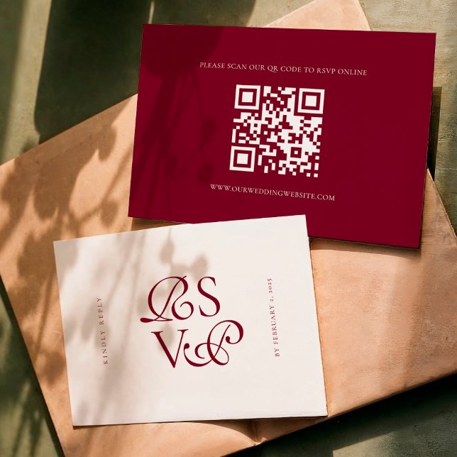 Tarjeta De Confirmación De Asistencia Minimal Deep Burgundy Script Qr Code Wedding (Subido por el creador)