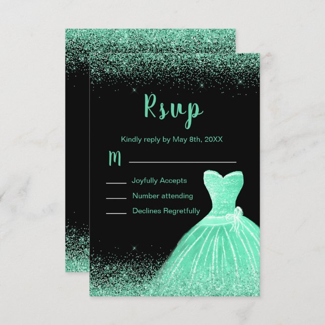 Tarjeta De Confirmación De Asistencia Mint Green Dress Faux Glitter Quinceanera (Anverso / Reverso)