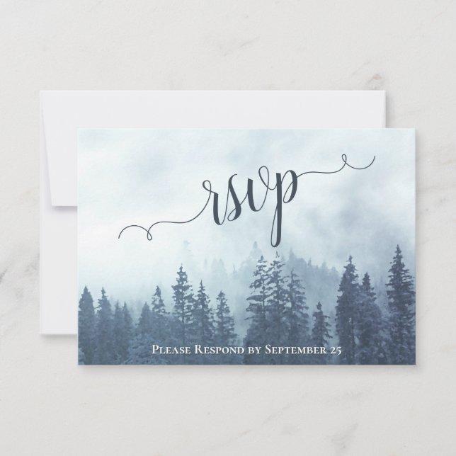Tarjeta De Confirmación De Asistencia Misty Pines Rustic Blue Forest Boda (Anverso)