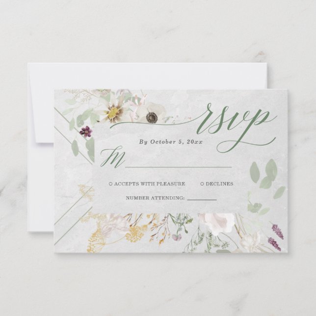 Tarjeta De Confirmación De Asistencia Misty Wildflowers | Boda geométrico gris suave RS (Anverso)