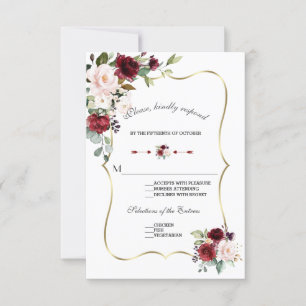 Tarjeta De Confirmación De Asistencia Moda acuarela Borgoña Rubor Floral Gold Boda