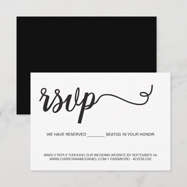 Tarjeta De Confirmación De Asistencia Moda Boda blanco negro Sitios web reservados (Anverso / Reverso)
