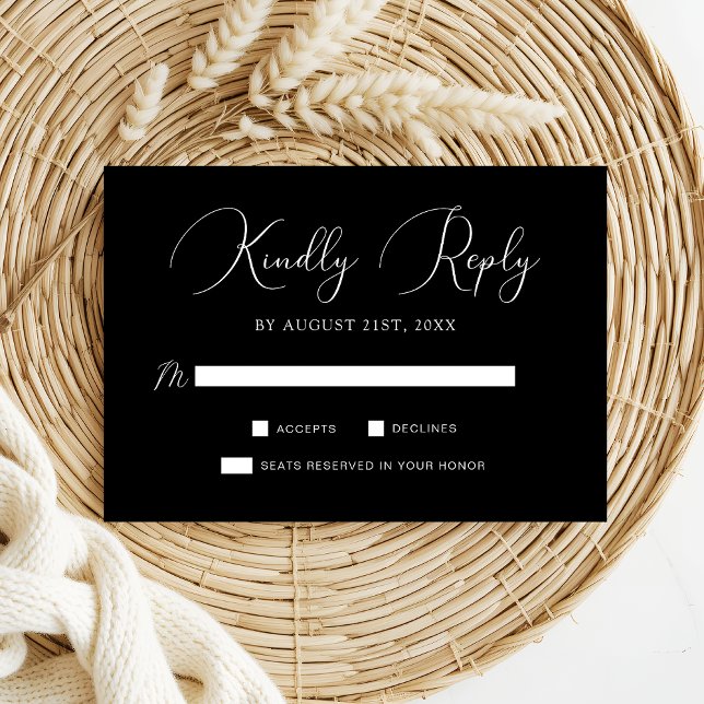 Tarjeta De Confirmación De Asistencia Moda Boda de guiones de caligrafía blanca negra (Subido por el creador)