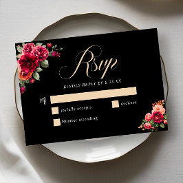 Tarjeta De Confirmación De Asistencia Moda boda floral negro rojo