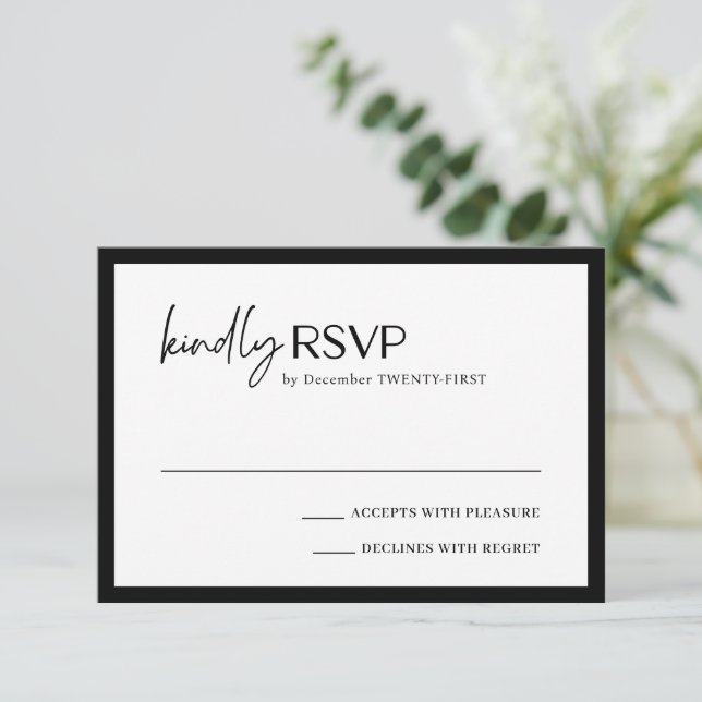 Tarjeta De Confirmación De Asistencia Moda Boda moderno negro y blanco (Anverso de pie)