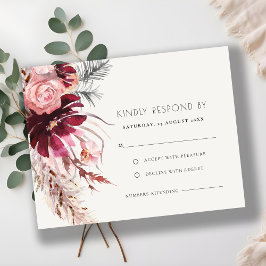 Tarjeta De Confirmación De Asistencia Moda Borgoña Rubor Floral Pampas Boda de Grass