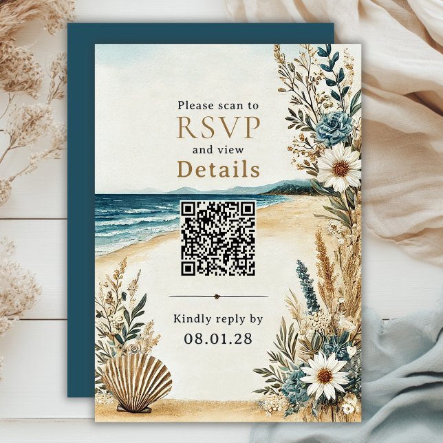 Tarjeta De Confirmación De Asistencia Moda costera Boda de playa Detalles del Código QR  (Coastal Chic Beach Wedding QR Code Details and RSVP Card)