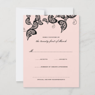 Tarjeta De Confirmación De Asistencia Moda floral Peacock Black Pink Wedding Tarjeta RSV