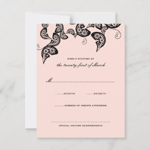 Tarjeta De Confirmación De Asistencia Moda floral Peacock Black Pink Wedding Tarjeta RSV