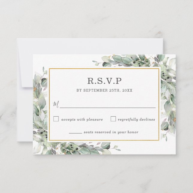 Tarjeta De Confirmación De Asistencia Moda Greenery Gold Sage Green Foliage Boda (Anverso)